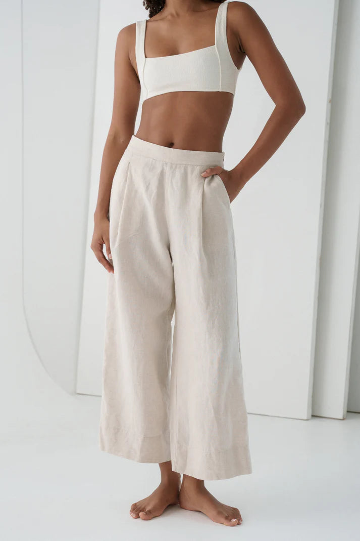 Wide leg cropped linen pants by Lilly Pilly Oatmeal