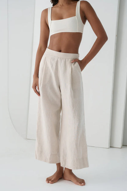Wide leg cropped linen pants by Lilly Pilly Oatmeal