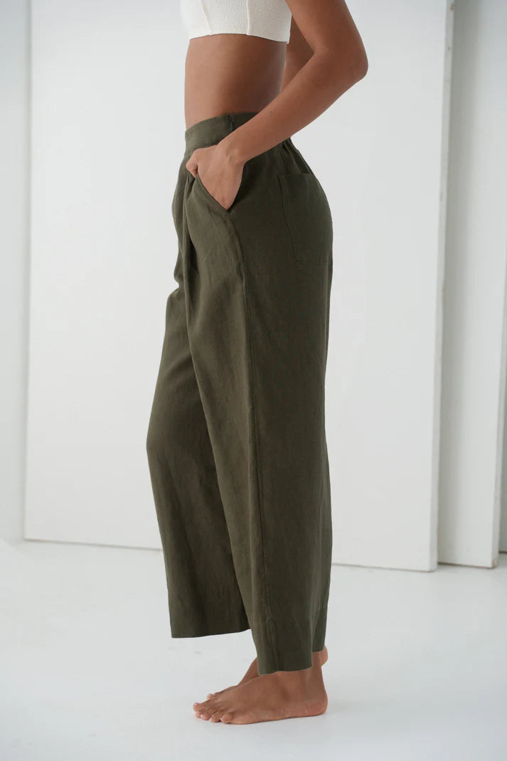 Wide leg cropped linen pants by Lilly Pilly side detail khaki