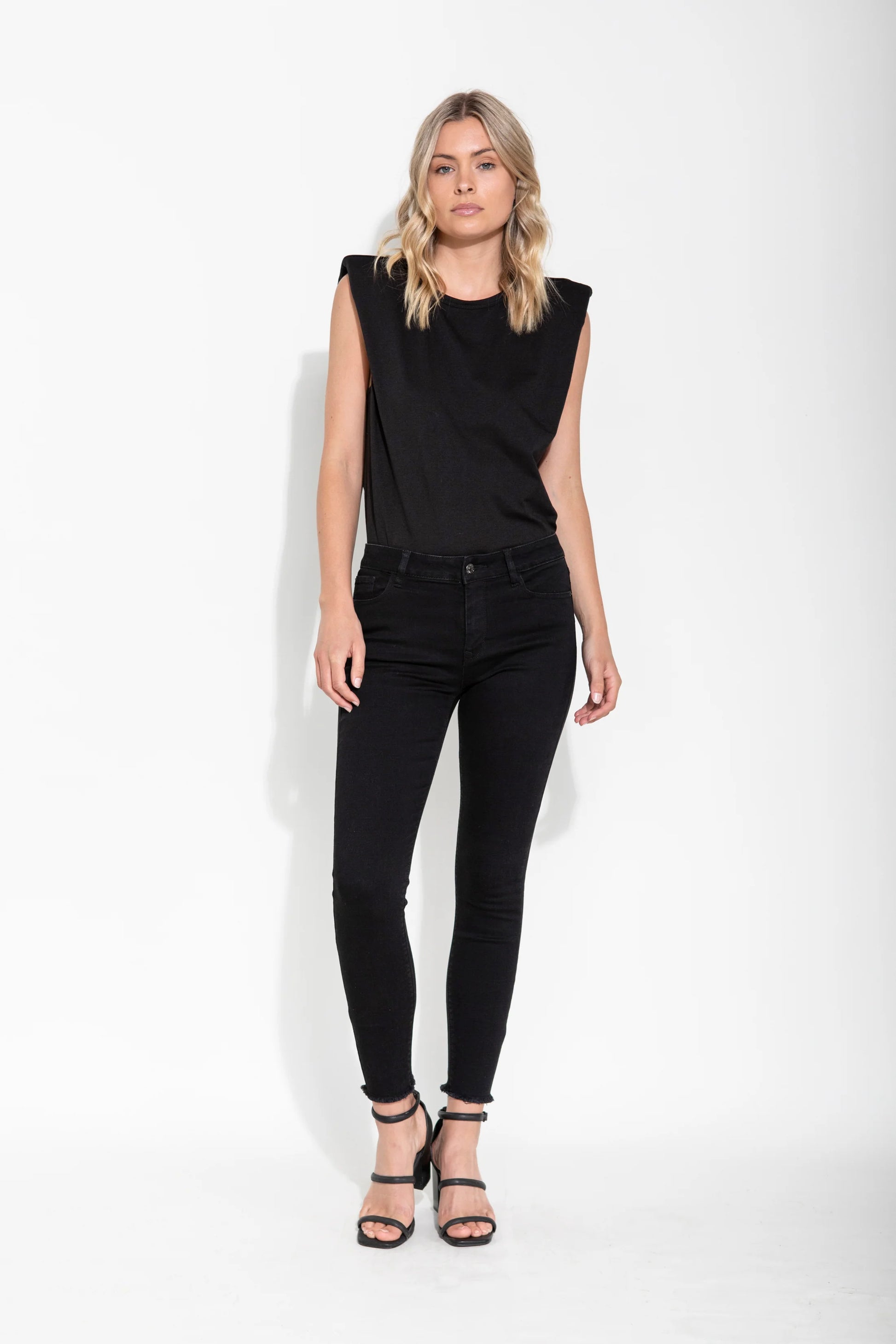 livia padded shoulder tank - black - basic state, shop livia tank top saint rose