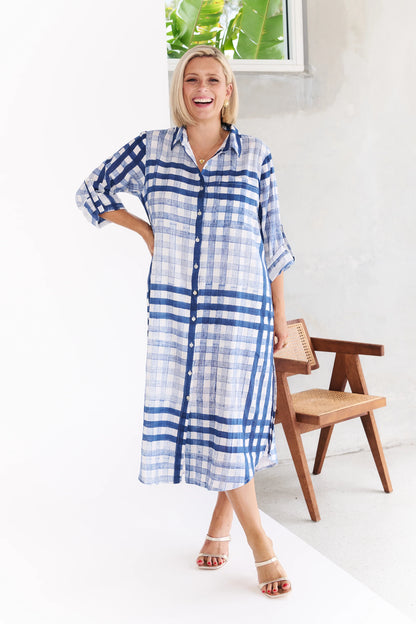 Macy Dress blue and white check cotton voile midi dress