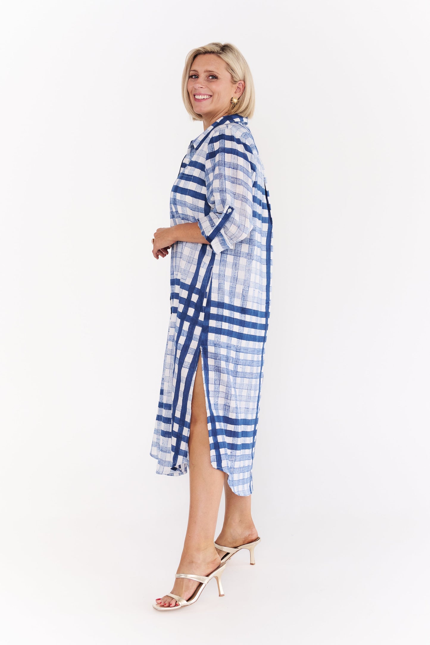 Relaxed fit Macy Dress in blue and white check cotton voile