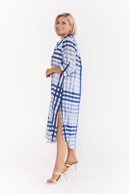 Relaxed fit Macy Dress in blue and white check cotton voile
