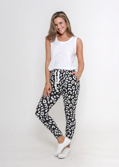 Mila Leopard Print Jogger Pants - White and Black