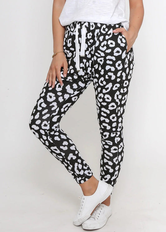Mila Leopard Print Jogger Pants - White and Black
