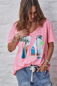 Hammill and co V Neck Palm Tee Pink