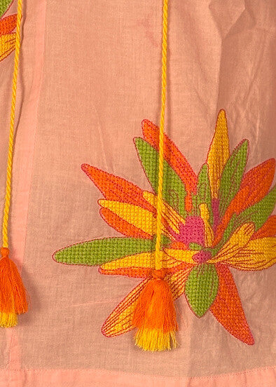 Place du soleil rosa top pink womens top with colorful floral embroidery and tassels.