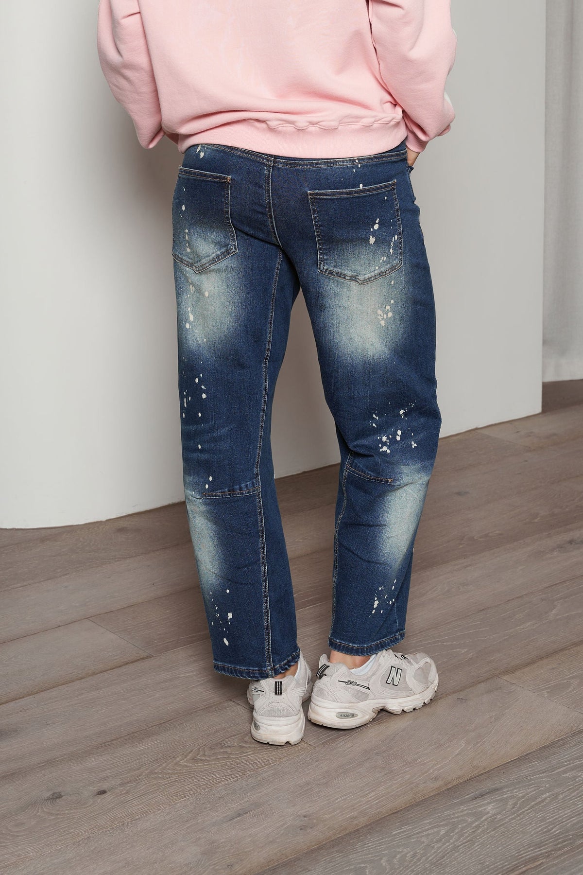 Splatter Barrel Leg Jeans - Blue Wash