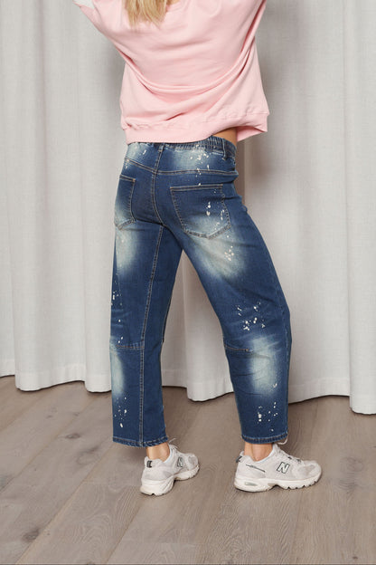 Splatter Barrel Leg Jeans - Blue Wash