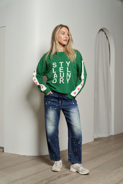 Splatter Barrel Leg Jeans - Blue Wash