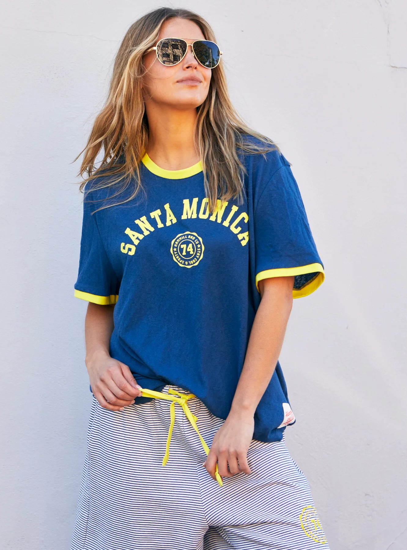 Santa Monica Ringer Tee - Blue/Yellow