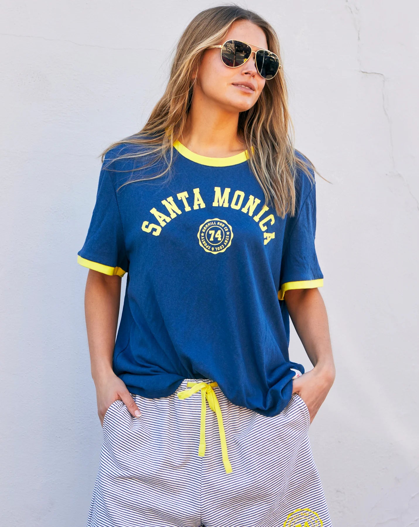Santa Monica Ringer Tee - Blue/Yellow