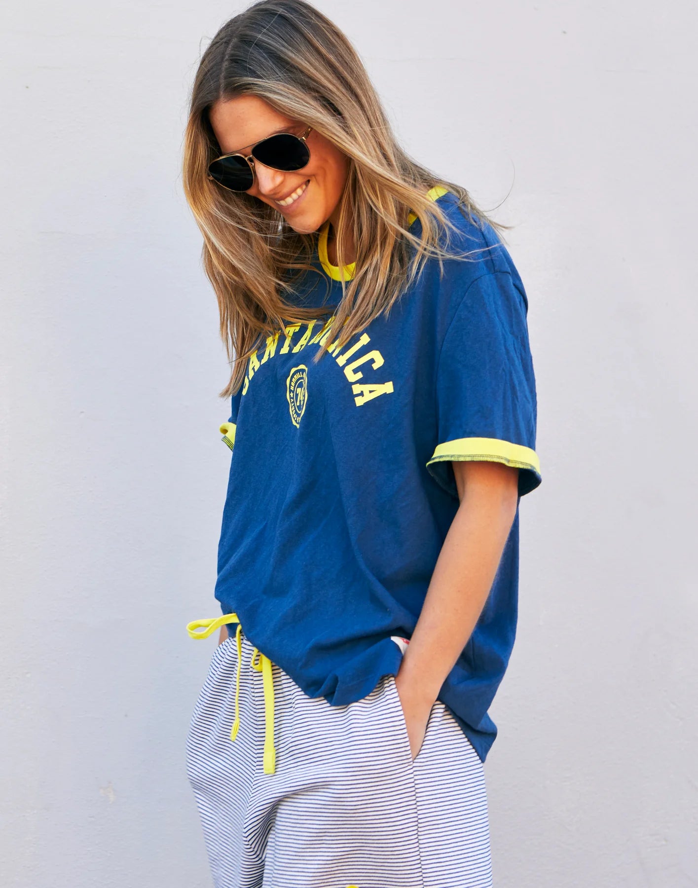 Santa Monica Ringer Tee - Blue/Yellow