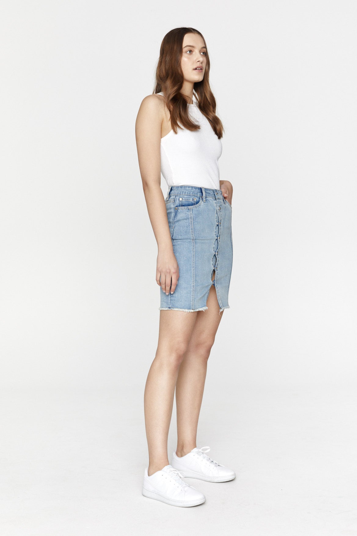 Shop Saint Rose Clothing online, Buy Saint Rose Blair Denim Skirt, Blair Button up Denim Skirt, Blair Skirt Saint Rose Clothing Slockists