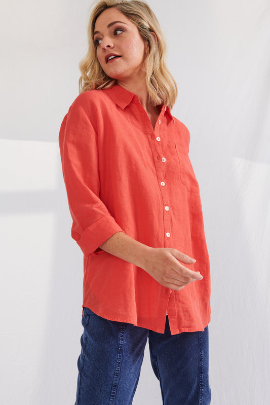 Buy Lulu Linen Shirt Buy Cayman Sunset Scarlet Skirt Sunset Scarlet Cayman Linen Shirt - Lulu Organic Linen Stockist - Basic State Sunset Scarlet