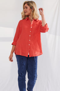 Buy Lulu Linen Shirt Buy Cayman Sunset Scarlet Skirt Sunset Scarlet Cayman Linen Shirt - Lulu Organic Linen Stockist - Basic State Sunset Scarlet
