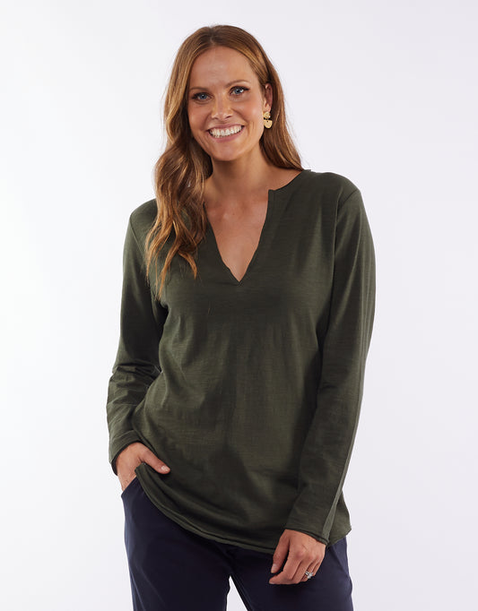 BUY ELM V NECK TSHIRTS, SHOP ELM PLUS SIZE V NECK TOPS WITH LONG SLEEVES, ELM EMBRACE STOCKISTS, ELM KHAKI V NECK LONG SLEEVE TOP