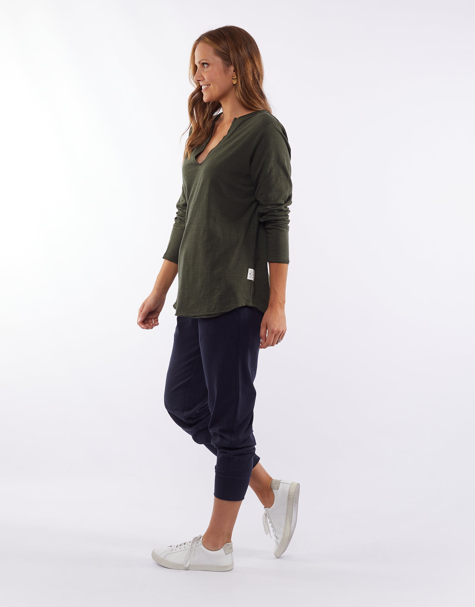 Buy coles Bay Long Sleeve Tshirt Shop Elm Coles Bay Henley Long Sleeve Top, Elm v Neck top in Khaki