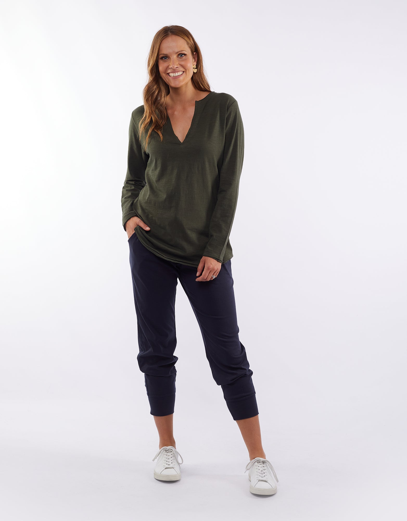 Buy coles Bay Long Sleeve Tshirt Shop Elm Coles Bay Henley Long Sleeve Top, Elm v Neck top in Khaki