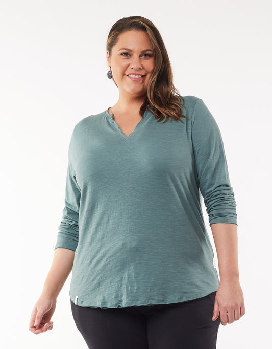 Coles Bay Henley Long Sleeve Tee - Pine Green (plus size)