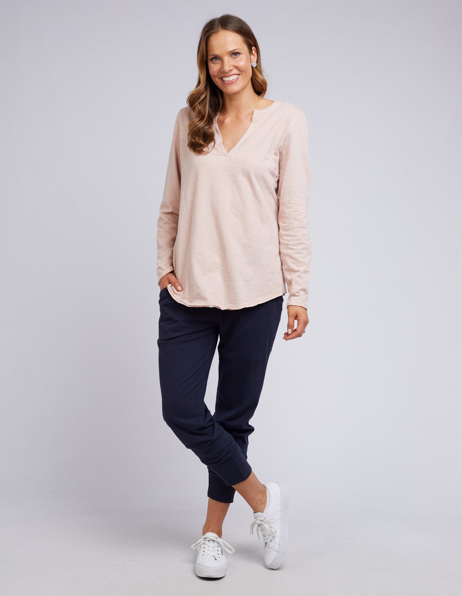 Shop Elm clothing online, Shop Elm Clothing sale, Shop Elm Coles Bay V neck long sleeve top, Elm Clothing online stockists, Long Sleeve Elm v neck top pink