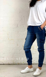 Joey Joggers Mid-wash Denim Pants Casual Elastic Waist Pants Plus Size Ladies Clothing Denim Lounge Pants - Basic State