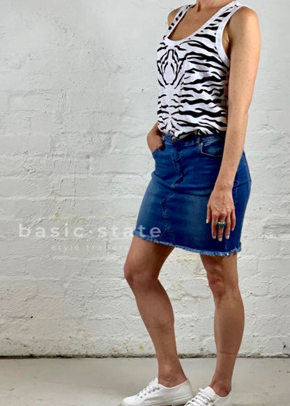 Denim Skirt - Dolly Denim Skirt - Mini Skirt - Dark Blue Denim Skirt - Dolly Mid Blue Denim Skirt - Basic State - Third Story Zebra Tank - Basic State tocking the largest range of 3rd Story Basics