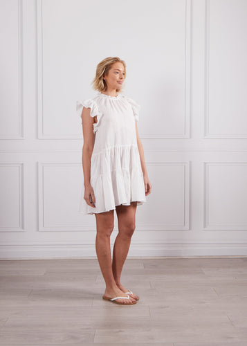 Jada Frill Sleeve Linen Dress - White