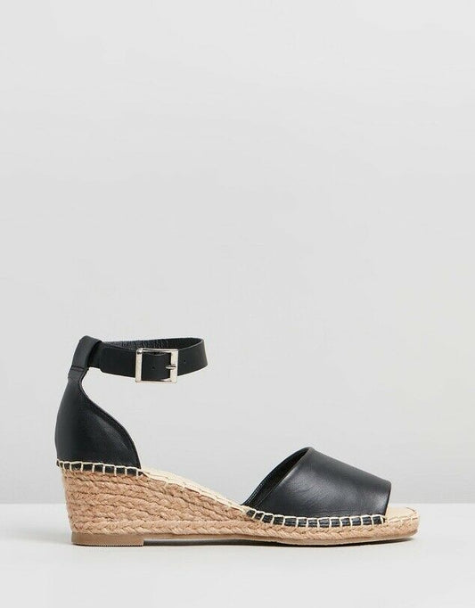 Black Leather Helene Wedge Espadrille Heals Human Leather Wedges Human leather shoe stockist Basic State 