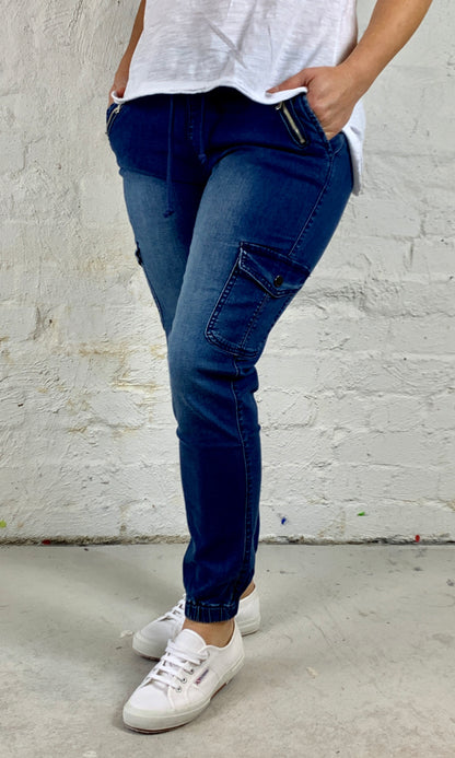 Joey Joggers Mid-wash Denim Pants Casual Elastic Waist Pants Plus Size Ladies Clothing Denim Lounge Pants - Basic State