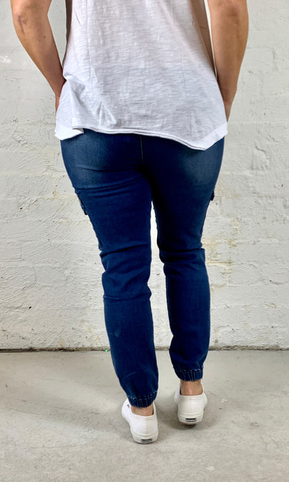 Joey Joggers Mid-wash Denim Pants Casual Elastic Waist Pants Plus Size Ladies Clothing Denim Lounge Pants - Basic State