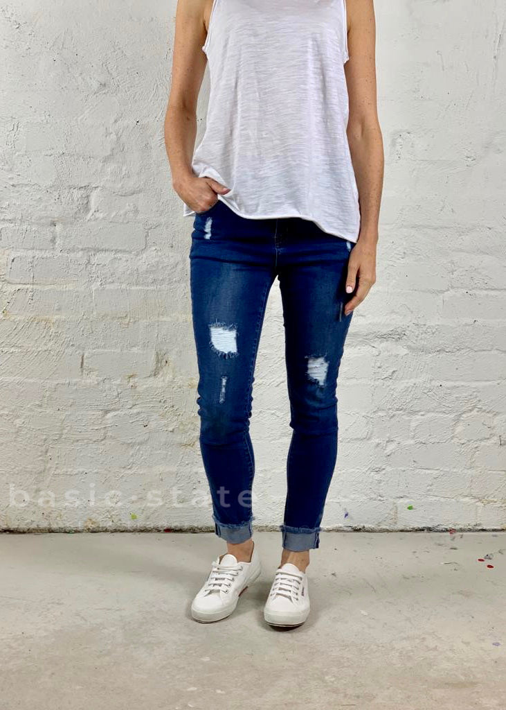 Distressed Women's Jeans | Stretch Jeans | Dark Denim Blue – Basic State