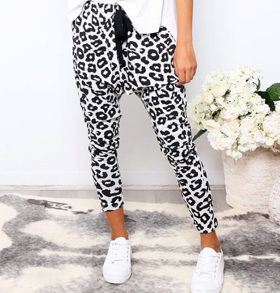 Leopard Print Drop Crotch Pants, Lainie Leopard Print Slouch Pants Basic State