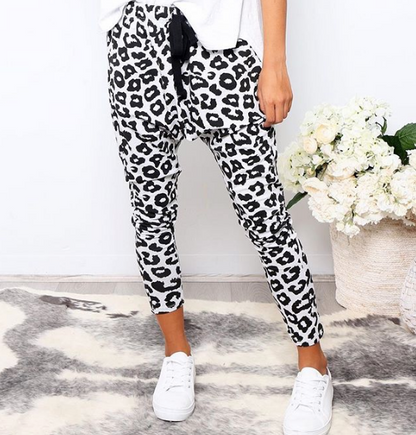 Leopard Print Drop Crotch Pants, Lainie Leopard Print Slouch Pants Basic State