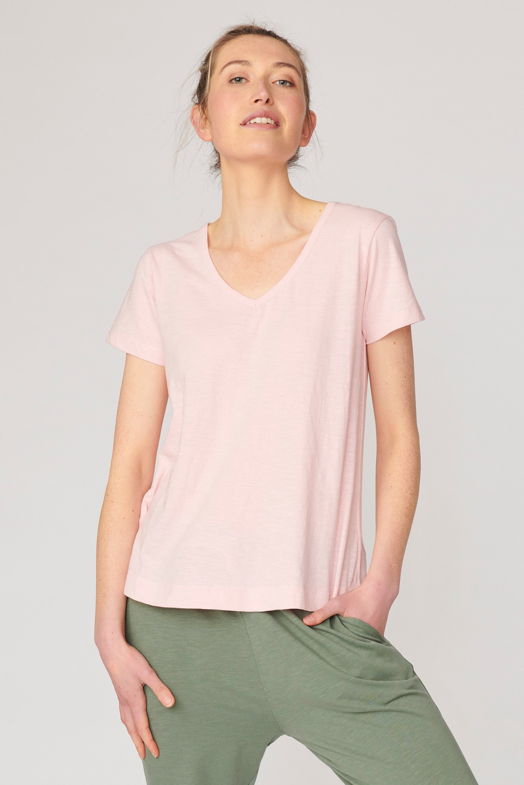 Lulu Organic Clothing - Melrose V Neck Tee - Rose Quartz - Basic State Lulu Organics Australian Stockist