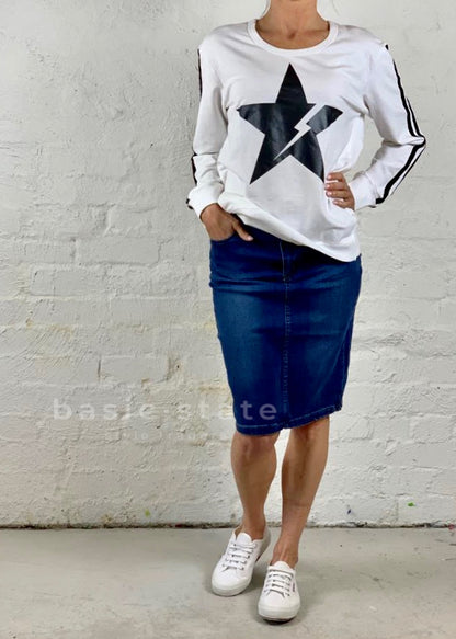 Phoenix Denim Skirt - Denim Pencil Skirt - 3rd Story Thunder Star Jumper - Third Story Thunder Star Jumper - Sat and Sun Star Jumper -Basic State