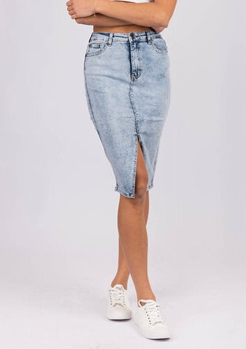 Denim skirt with Front Split, Silvie denim Midi Skirt, Acid Wash Skirt