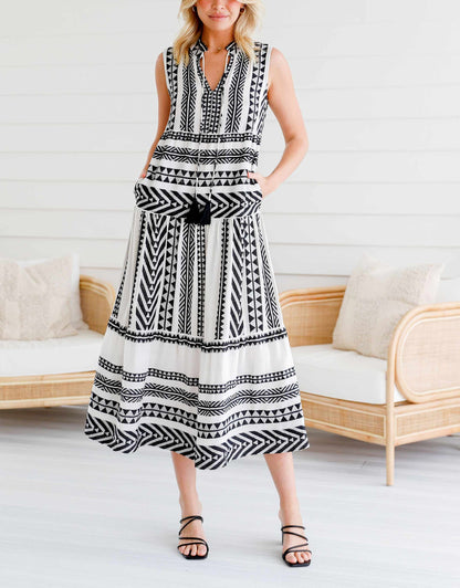 Mediterranean Dress - Maxi Mediterranean Dress Rhea Dress, Ria Dress Black and White Maxi Dress